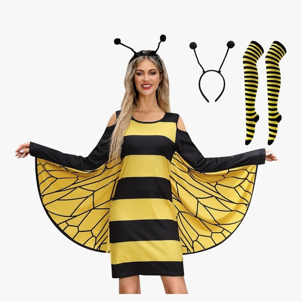 Womens Bumblebee Costume with Headband and Striped Tights